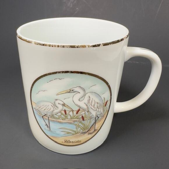 Lefton Japan Souvenir Mug/Cup Florida Egret Waterfowl Birds Gold Trim 1987 VTG - Picture 1 of 15